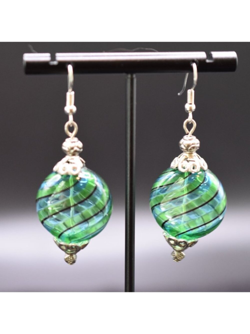 Handcrafted Vintage Green & Blue Glass Bead Dangle Earrings With Silver-Tone Fil
